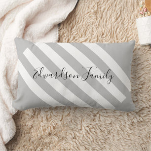 Modern grey white stripes family monogram name lumbar pillow