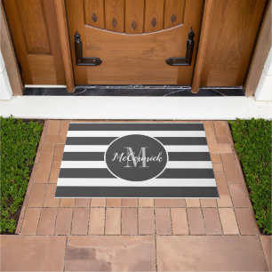 Modern Grey White Stripes Monogram Name Doormat