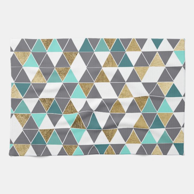 Modern Grey White Teal and Faux Gold Triangles Kitchen Towel (Horizontal)