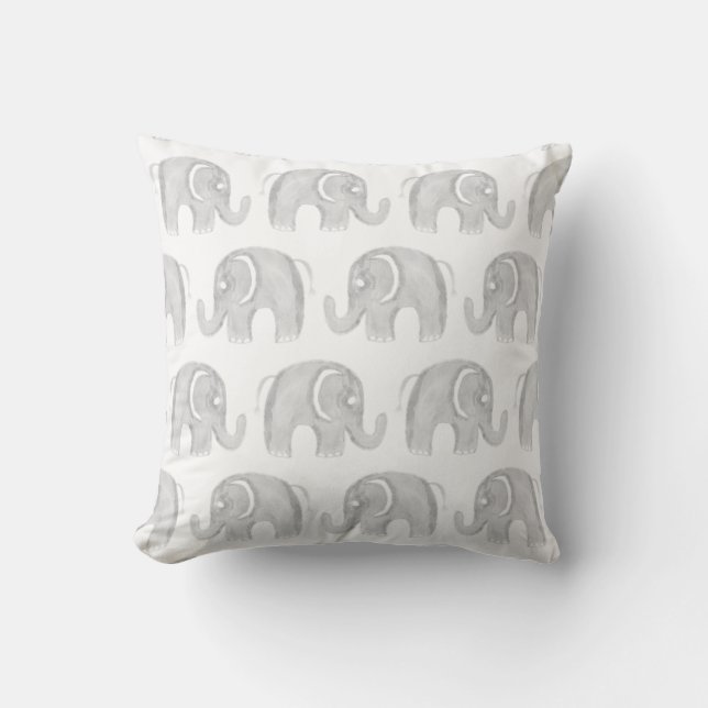 Modern grey white watercolor hand painted elephant throw pillow (Front)