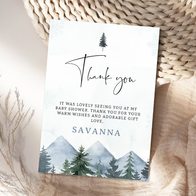 Modern Grey Wilderness Winter Baby Shower  Thank You Card (Mountains Thank You Card, Pine Trees Baby Shower Thank You Card, Winter Wilderness Thank You Tag)