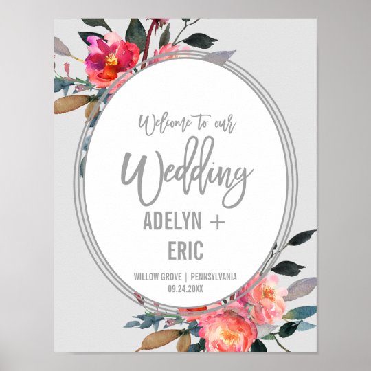 Modern Grey | Winter Flower Wreath Wedding Welcome Poster