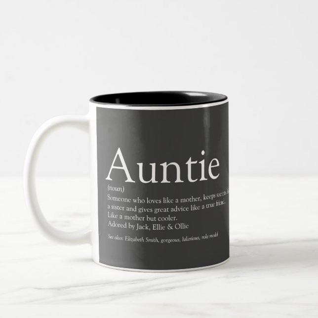 Modern Grey World's Best Aunt Auntie Definition Two-Tone Coffee Mug (Left)