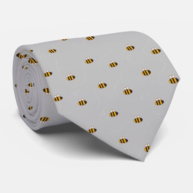 Modern Grey Yellow Bee Seamless Pattern Tie (Rolled)