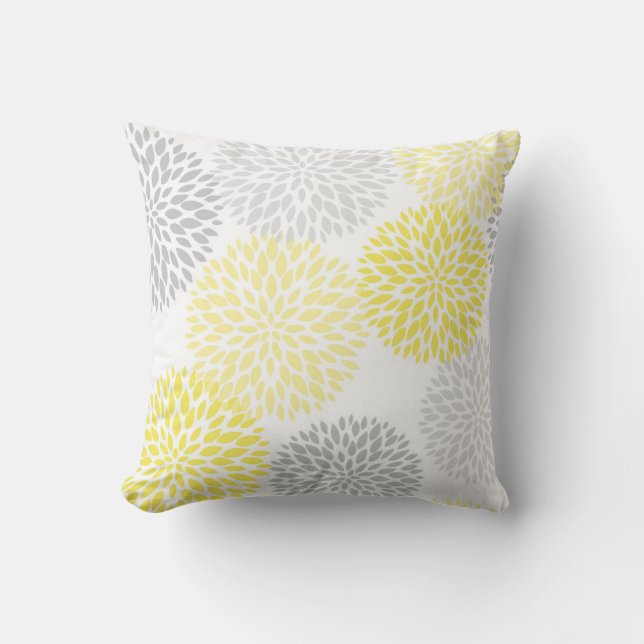 Modern Grey Yellow Floral Throw Pillow (Front)