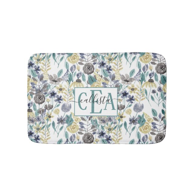 Modern Grey Yellow Floral Watercolor Monogram Bath Mat (Front)