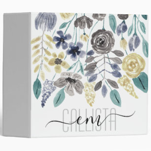 Modern Grey Yellow Floral Watercolor Monogram Binder