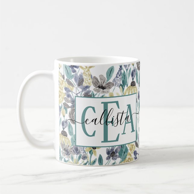 Modern Grey Yellow Floral Watercolor Monogram Coffee Mug (Left)