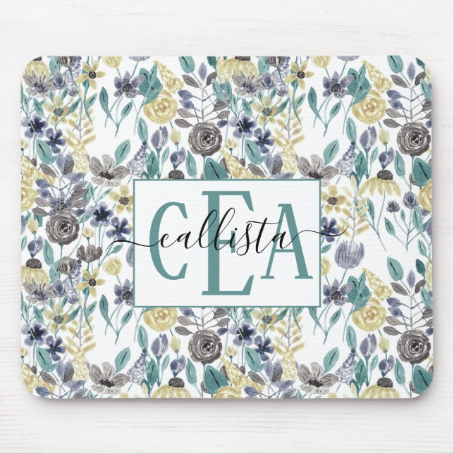 Modern Grey Yellow Floral Watercolor Monogram Mouse Pad (Front)