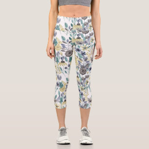 Modern Grey Yellow Floral Watercolor Pattern Capri Leggings