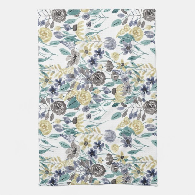 Modern Grey Yellow Floral Watercolor Pattern Kitchen Towel (Vertical)