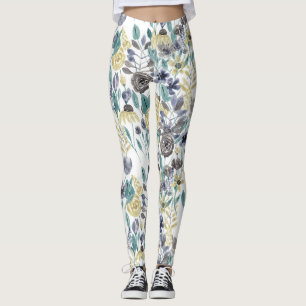 Modern Grey Yellow Floral Watercolor Pattern Leggings