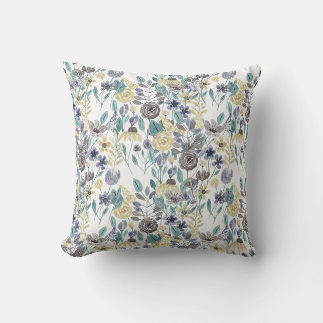 Modern Grey Yellow Floral Watercolor Pattern Outdoor Pillow (Front)