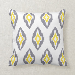 Modern grey yellow white Ikat Tribal Pattern 1b Throw Pillow