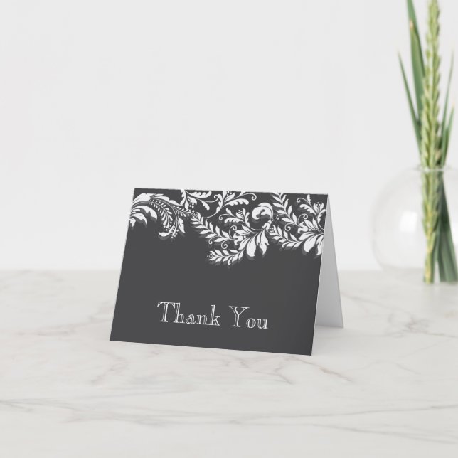 Modern GreyFloral Leaf Flourish Thank You Note (Front)