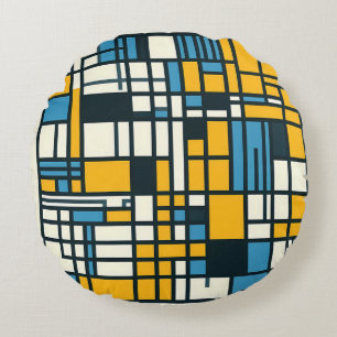 Modern Grid Abstraction – Mondrian-Inspired Geomet Round Pillow