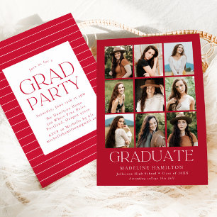 Modern Grid Crimson 9 Photo Graduation Party Invitation