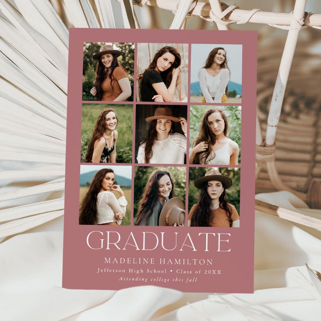 Modern Grid Dusty Rose 9 Photo Collage Graduation Announcement (Creator Uploaded)