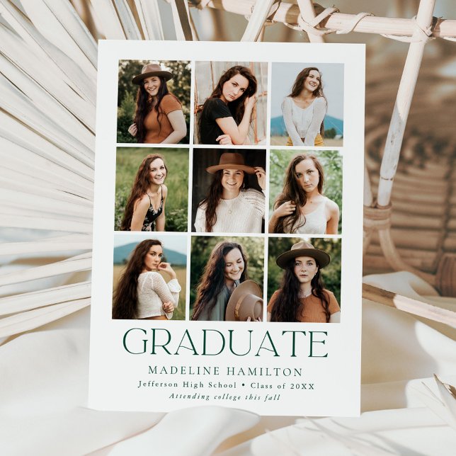Modern Grid Green 9 Photo Collage Graduation Announcement (Creator Uploaded)