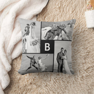 Modern Grid Lines Black Monogram 4 Photo Collage Throw Pillow
