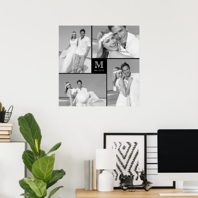 Modern Grid Monogram Box Wedding 4 Photo Collage Poster (Home Office)