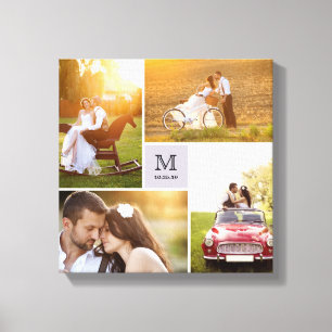 Modern Grid Monogram Wedding 4 Photo Collage Canvas Print