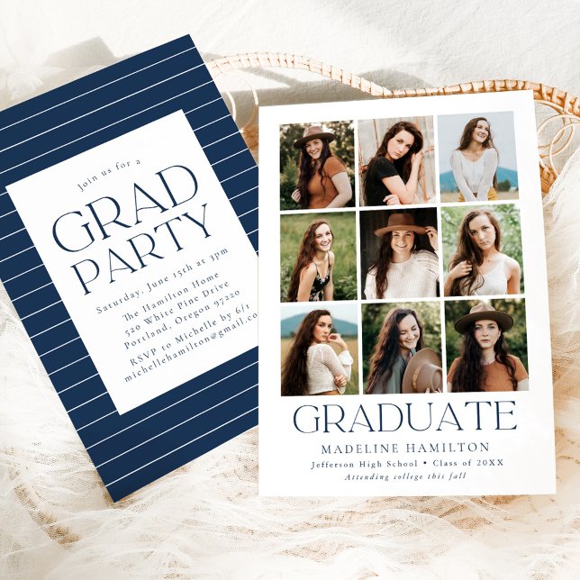 Modern Grid Navy 9 Photo Collage Graduation Party Invitation (Creator Uploaded)