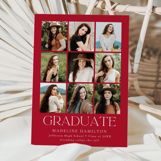 Modern Grid Red 9 Photo Collage Graduation Announcement (Creator Uploaded)