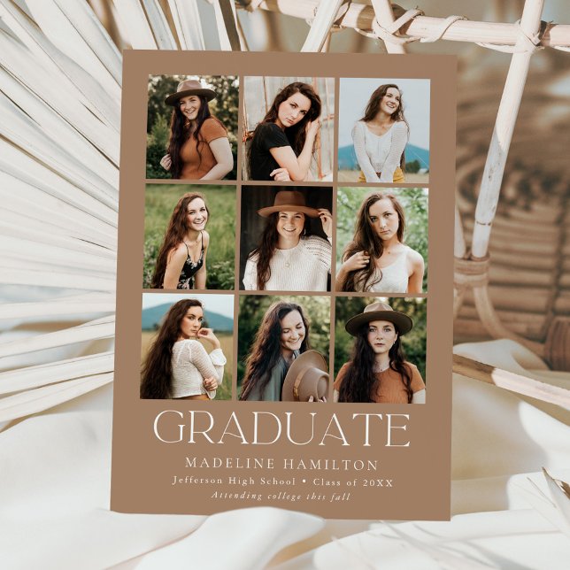 Modern Grid Tan 9 Photo Collage Graduation Announcement (Creator Uploaded)