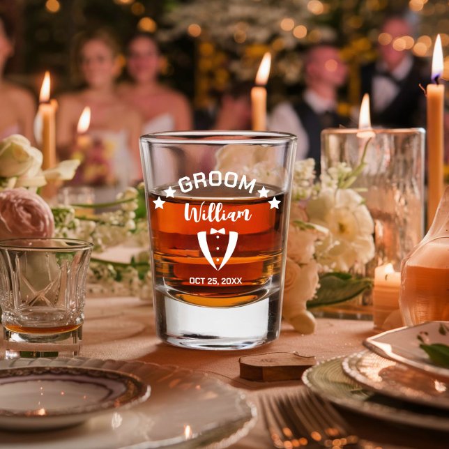 Modern Groom Personalized Wedding Shot Glass (Creator Uploaded)