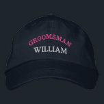 Modern Groomsman Bachelor Party Custom Embroidered Hat<br><div class="desc">Add a name and the role to play at the wedding by clicking the "Personalized" button. This chic and stylish cap serves as the perfect memento of a memorable getaway with your favourite buddies. The front of the cap showcases a captivating sports-inspired "Groomsman" typography that perfectly captures the fun and...</div>