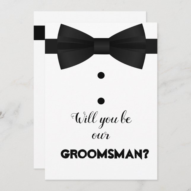 Modern Groomsman Bow Brush Script Request Invitation (Front/Back)