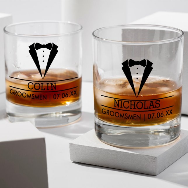 Modern Groomsmen Custom Name with Tuxedo Whiskey Glass (Creator Uploaded)