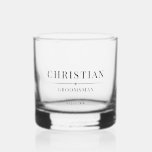 Modern Groomsmen Gift Elegant Best Man Wedding Whiskey Glass<br><div class="desc">This sophisticated wedding party whiskey glass, crafted for your wedding celebration, boasts an elegant border and traditional typography. It showcases the individual's name, title, and the date of the wedding in a classic, black minimalist design. To customize, simply input the groomsman's name, their specific titles, and the date into the...</div>