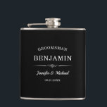 Modern Groomsmen Gift Elegant Bride and Groom Name Hip Flask<br><div class="desc">Commemorate your groomsmen with this custom flask. Personalize each flask with the groomsman's name, their role (e.g., Best Man, Groomsman), the names of the wedding couple, and the date of the wedding. These stylish and modern gifts are ideal for enjoying their favourite drink and will be a meaningful keepsake of...</div>
