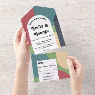 Modern Groovy Colourful Abstract Retro Wedding All In One Invitation