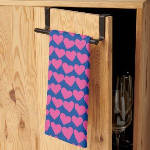 Modern Groovy Pink Blue Hearts Pattern Valentines Kitchen Towel