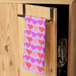 Modern Groovy Pink Red Hearts Pattern Valentines Kitchen Towel