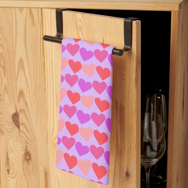 Modern Groovy Pink Red Hearts Pattern Valentines Kitchen Towel (Thirds Fold)