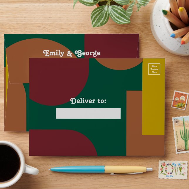 Modern Groovy Retro Colourful Abstract Wedding Envelope (Desk)