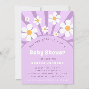Modern Groovy Retro Pink Purple Daisy Baby Shower  Invitation