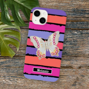 Modern groovy stripes monogrammed butterfly retro  Case-Mate iPhone 14 case