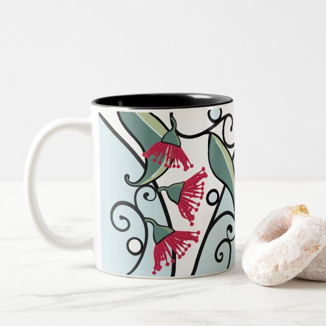 Modern Gumnut Design with pale blue background Two-Tone Coffee Mug (With Donut)