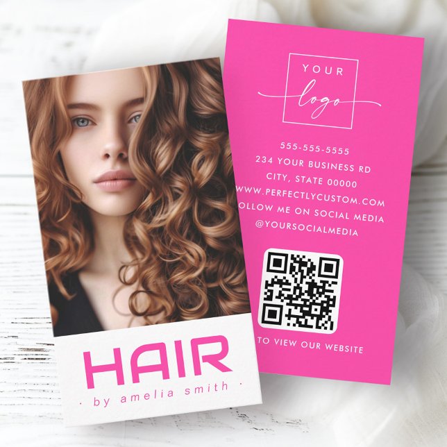 Modern hair hairdresser stylist hot pink business card (Modern hair hairdresser stylist hot pink business card)