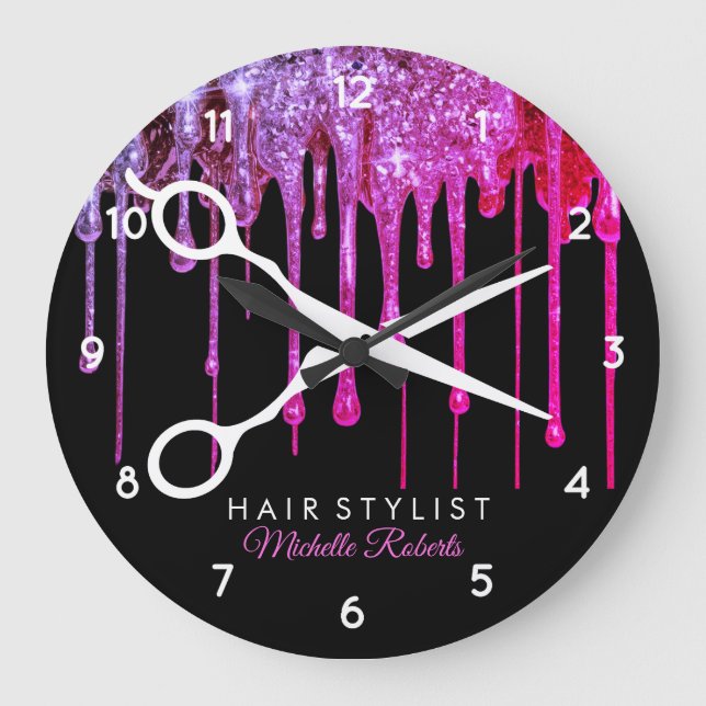 Modern hair stylist black Pink colourful Glitter  Large Clock (Front)