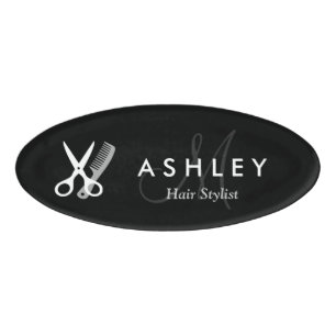 Modern Hair Stylist Black White Scissors Monogram Name Tag