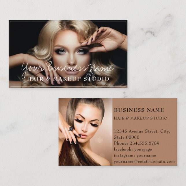 Modern hair stylist customer photos elegant script business card (Front/Back)