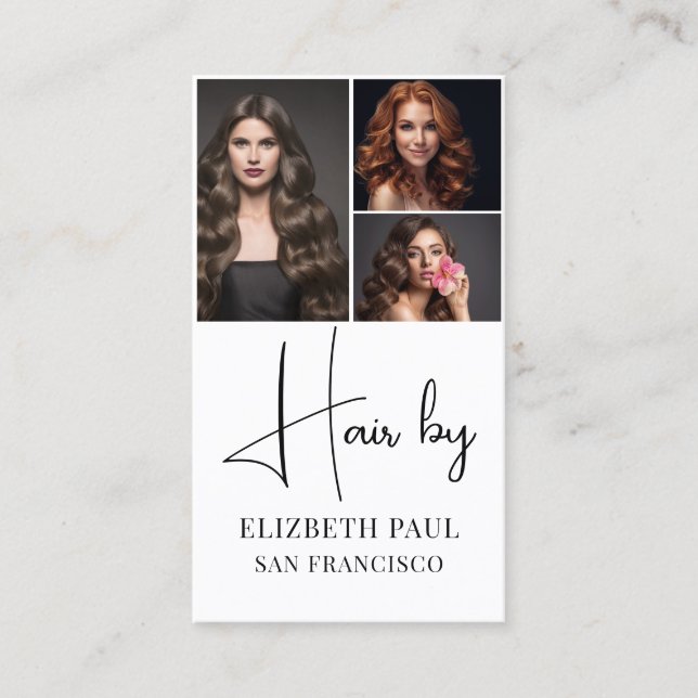 Modern hair stylist customer photos elegant script business card (Front)
