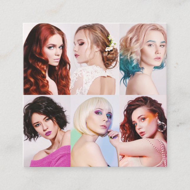 Modern hair stylist customer photos elegant script square business card (Front)