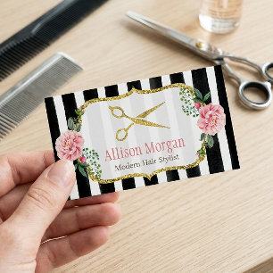 Modern Hair Stylist Girly Gold Pink Floral Striped Business Card